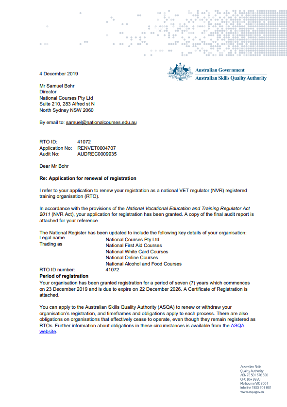 National White Card Courses Official approval from ASQA as an RTO that officially conducts the white card in Australia