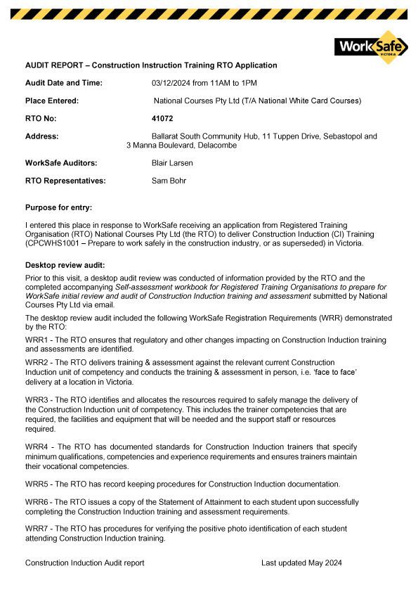 approval for our white card course in Victoria with WorkSafe Victoria