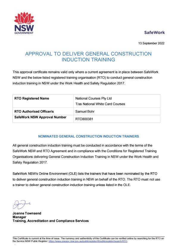 Approval letter from SafeWork NSW to conduct the official white card courses in NSW