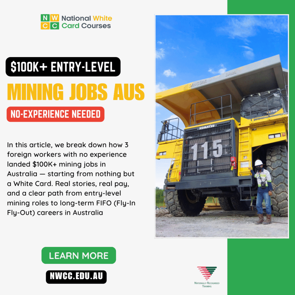 Promo for $100K+ entry-level mining jobs with massive Komatsu dump truck.