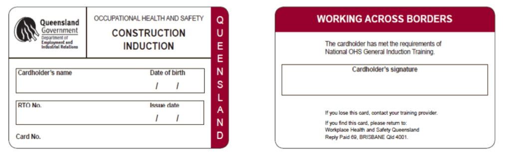 Queensland construction induction White Card front and back sample