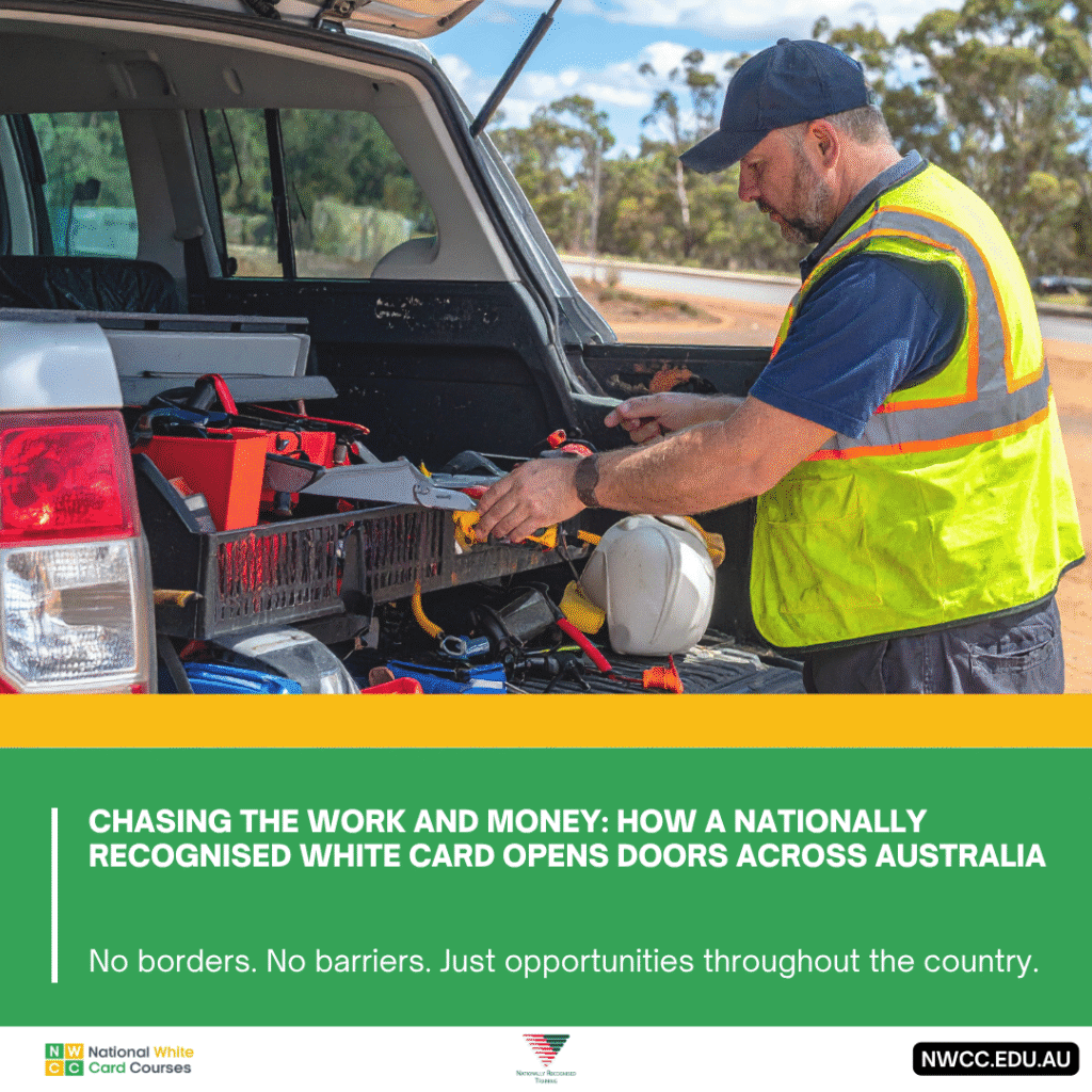 Worker in hi-vis unloading tools from vehicle trunk.