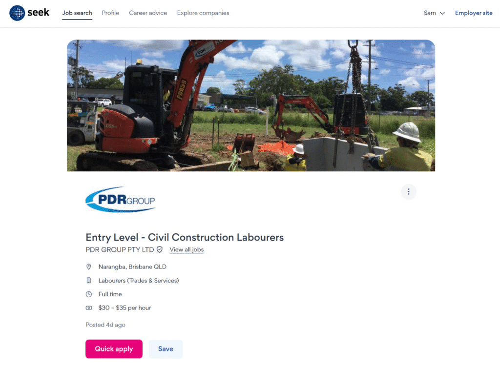 Job post for an entry-level construction job in Brisbane