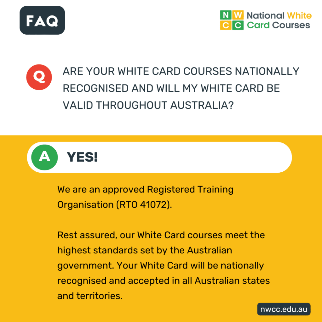 FAQ graphic explaining national recognition of White Card courses