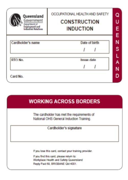 Queensland construction induction White Card front and back sample