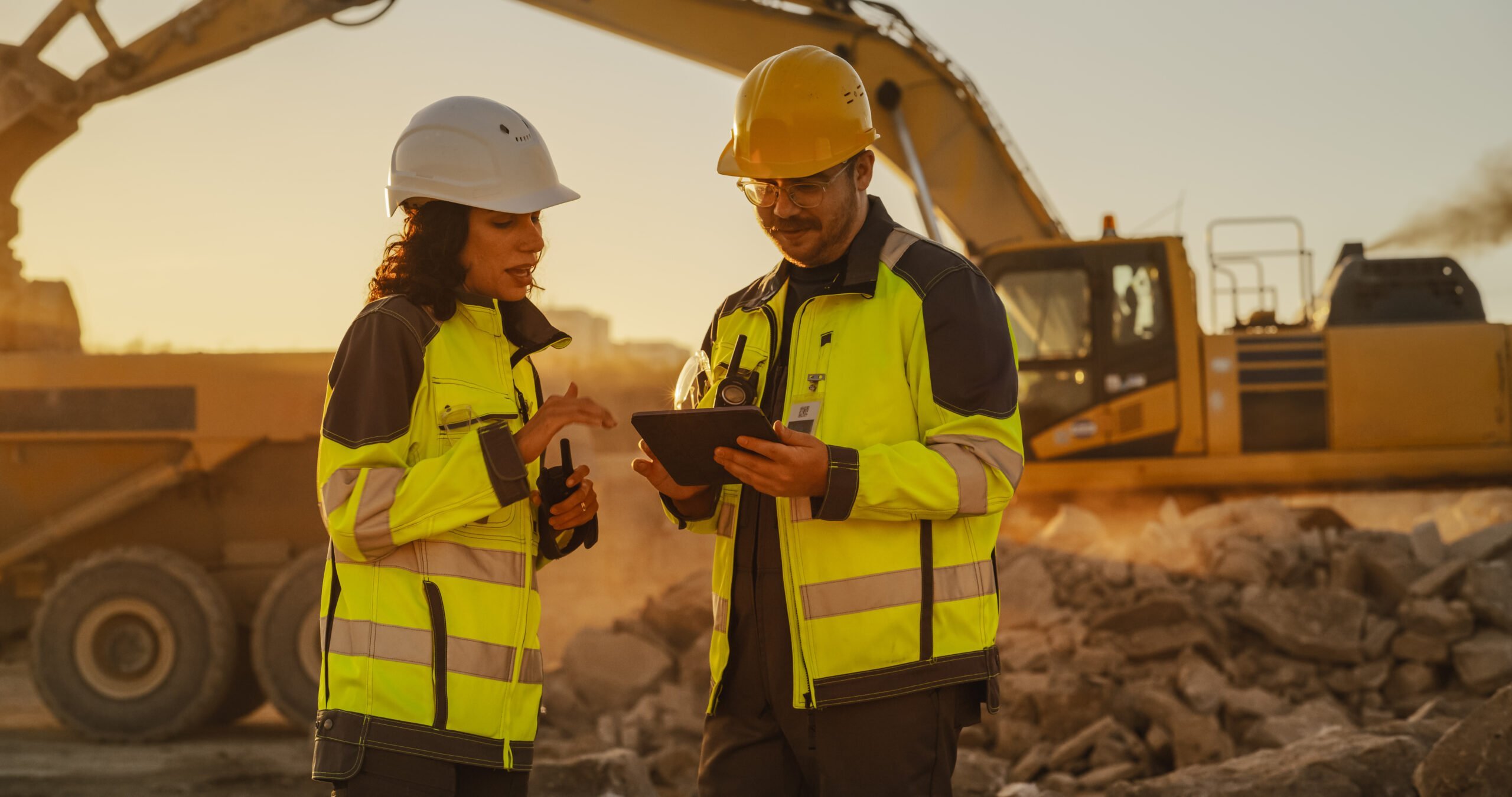Two construction workers on a construction site in the morning