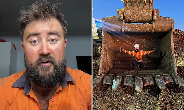 Hi-vis instructor speaking, worker in massive excavator bucket – Australian mining careers.