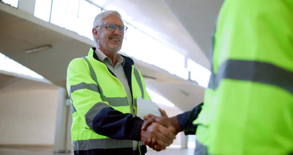 Construction workers in high-vis jackets shaking hands on site.