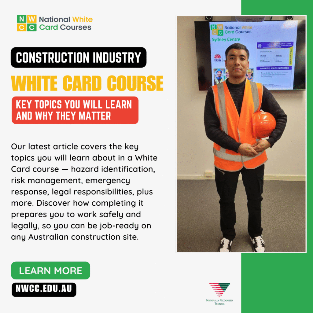 White Card course promo showing trainee in high-vis vest holding a hard hat.