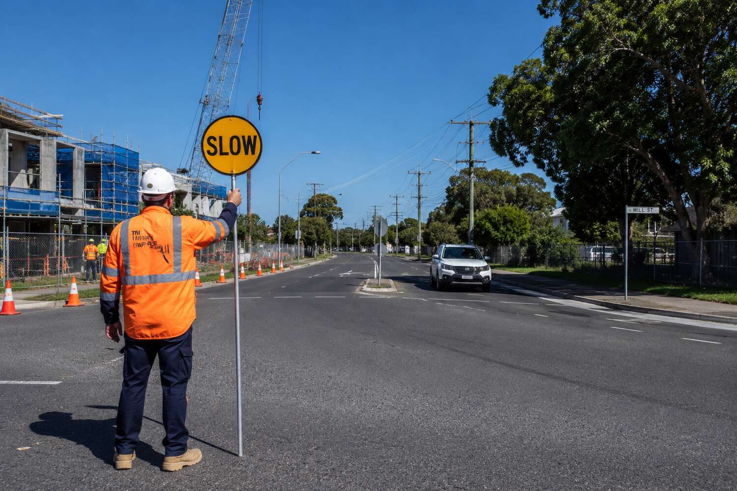 Traffic controller holding slow sign near building construction site, Australia