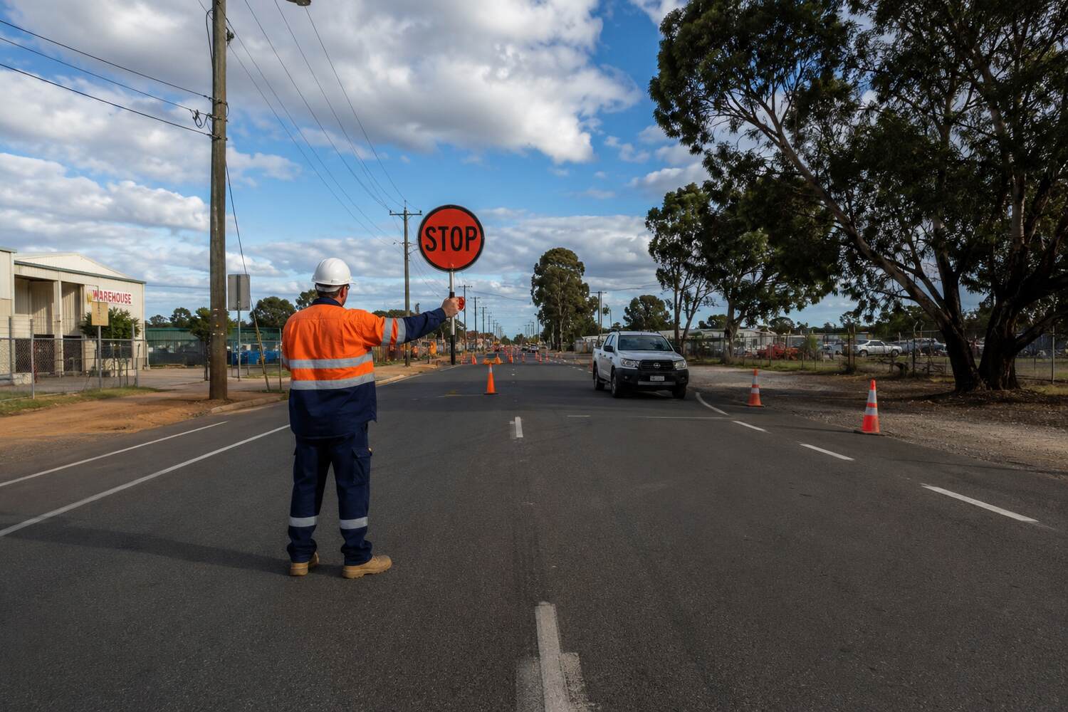 Traffic controller holding stop sign at road construction zone, Australia