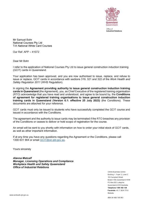 National Courses Pty Ltd approval to deliver White Card training in Queensland