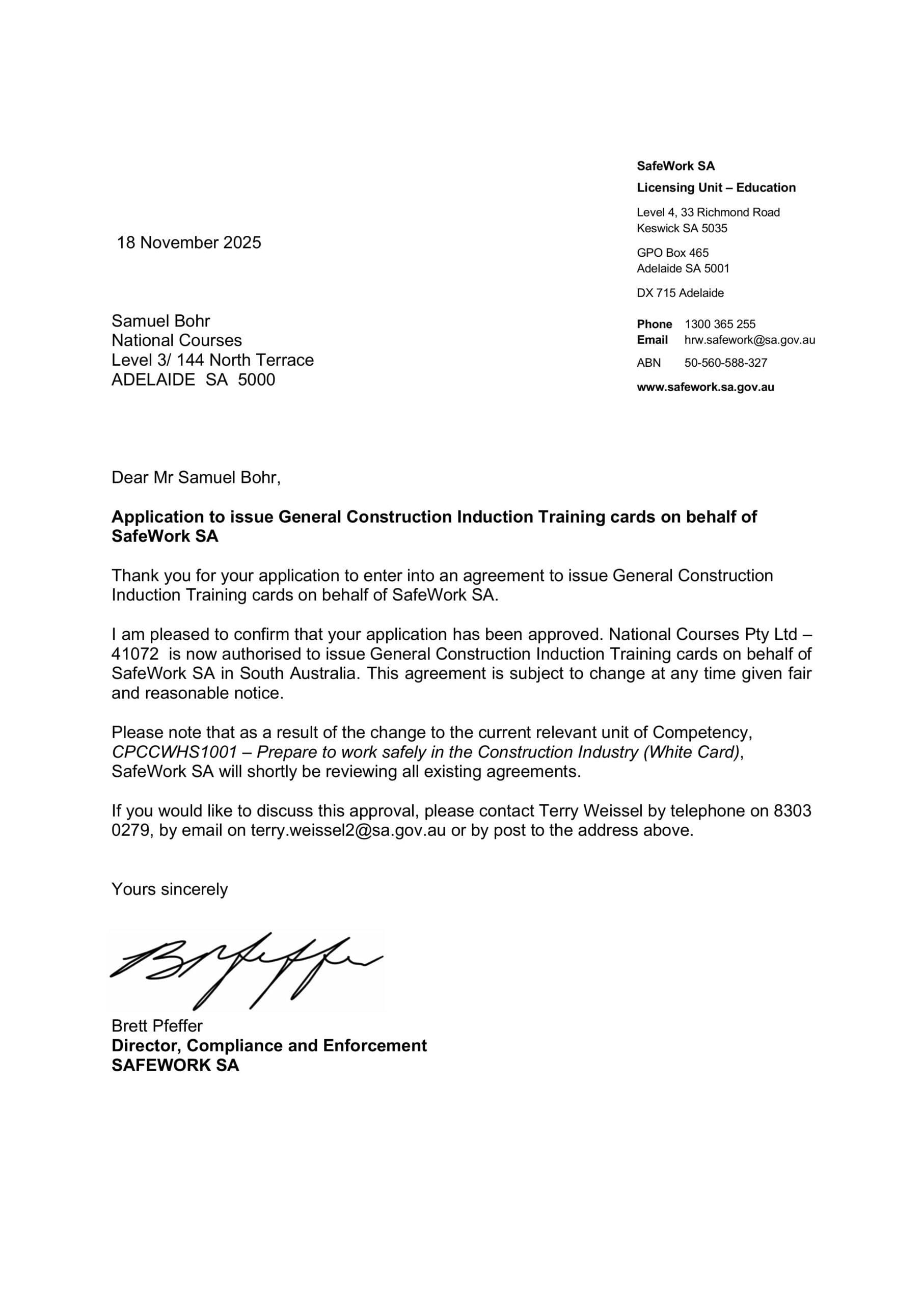 National Courses Pty Ltd approval to deliver White Card training in South Australia