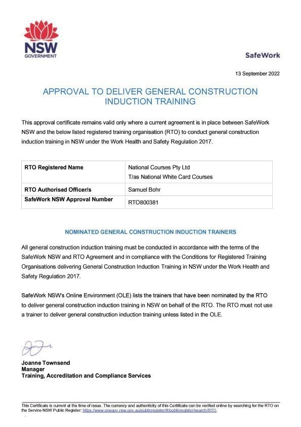 National Courses Pty Ltd approval to deliver White Card training in New South Wales
