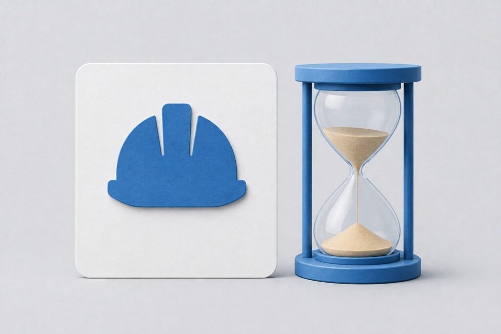 Hard-hat card beside an hourglass, representing checking White Card validity after time away from construction.