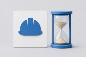 Hard-hat card beside an hourglass, representing checking White Card validity after time away from construction.